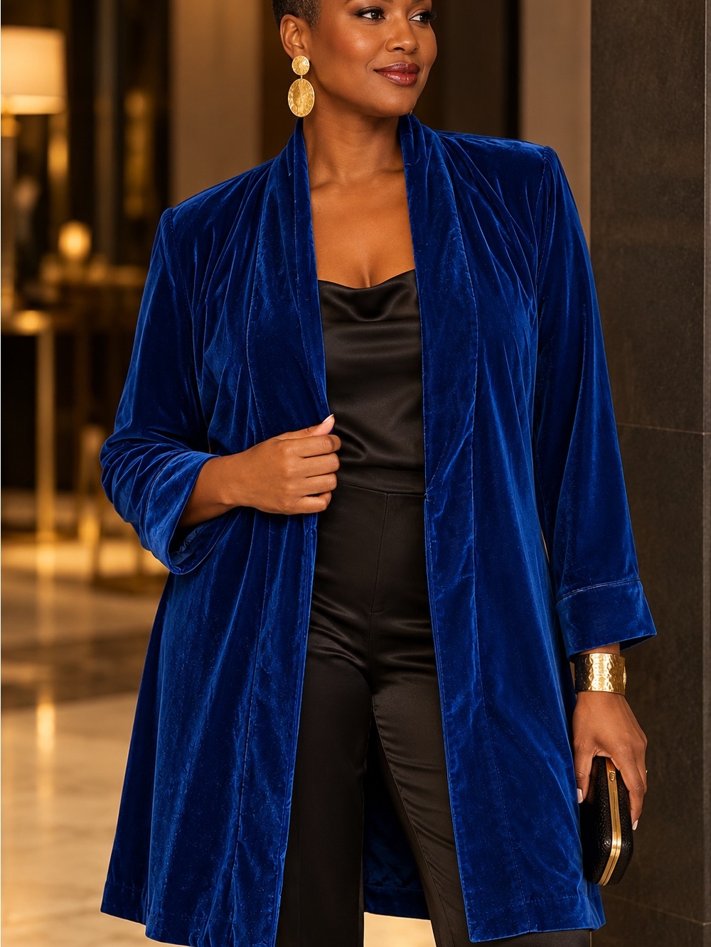 Soft Surroundings Blue Velvet Long Jacket Blazer Leopard Lined Size M